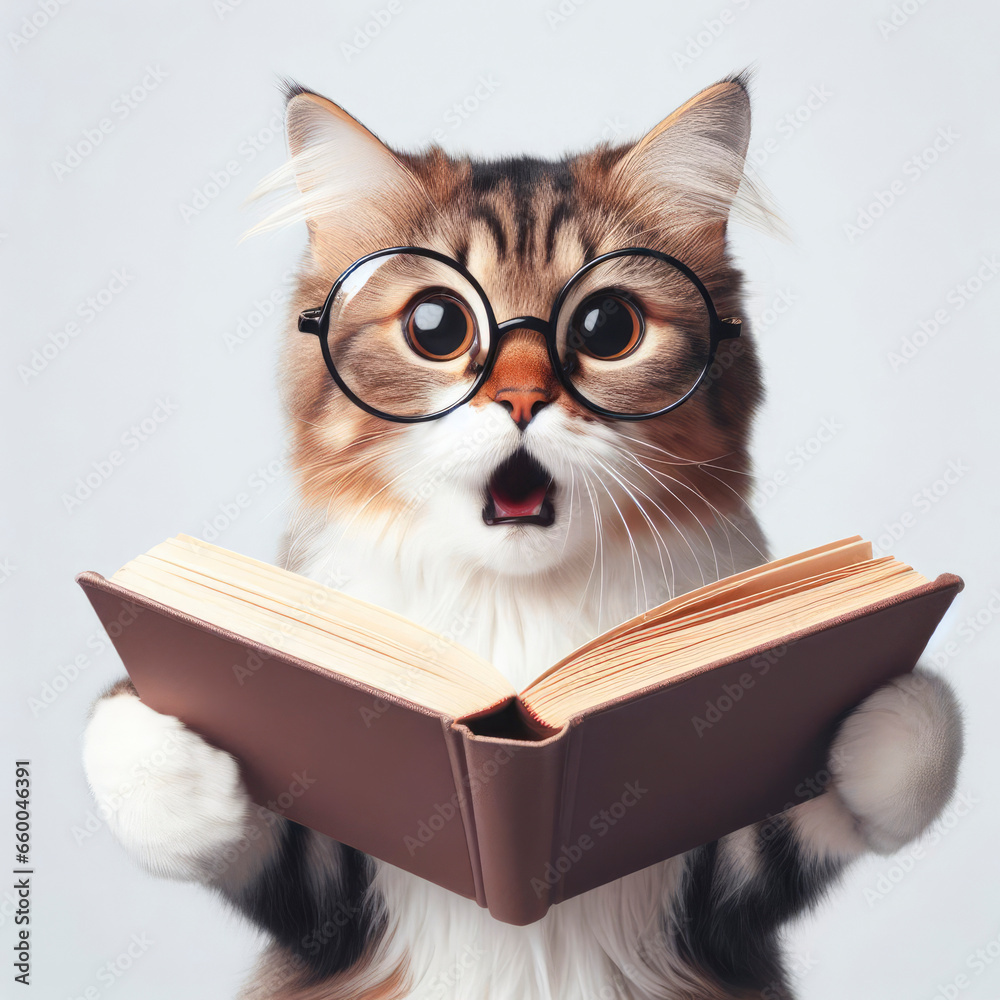 cat with glasses reading a book on white background. ai generative cat with glasses reading a book on white background. ai generative