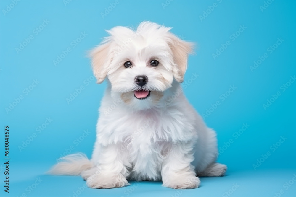 Adorable Maltipoo Puppy on Blue Background - Created with Generative AI Tools Adorable Maltipoo Puppy on Blue Background - Created with Generative AI Tools
