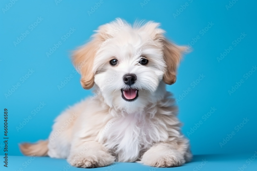 Adorable Maltipoo Puppy on Blue Background - Created with Generative AI Tools