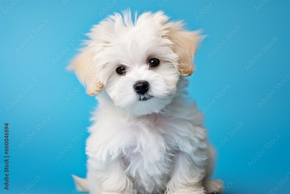 Adorable Maltipoo Puppy on Blue Background - Created with Generative AI Tools Adorable Maltipoo Puppy on Blue Background - Created with Generative AI Tools
