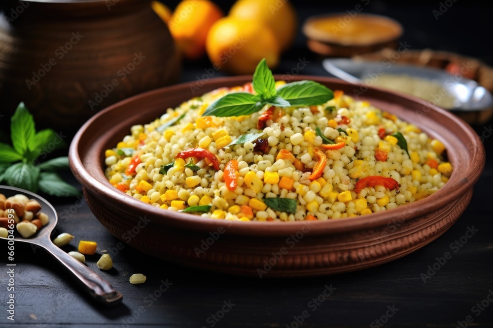 couscous salad with grilled corn kernels in a round metal bowl couscous salad with grilled corn kernels in a round metal bowl