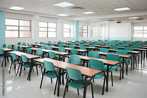 interior of a classroom with wooden desks and chairs