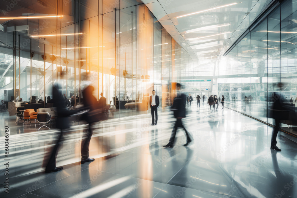 Businessmen rush through modern office