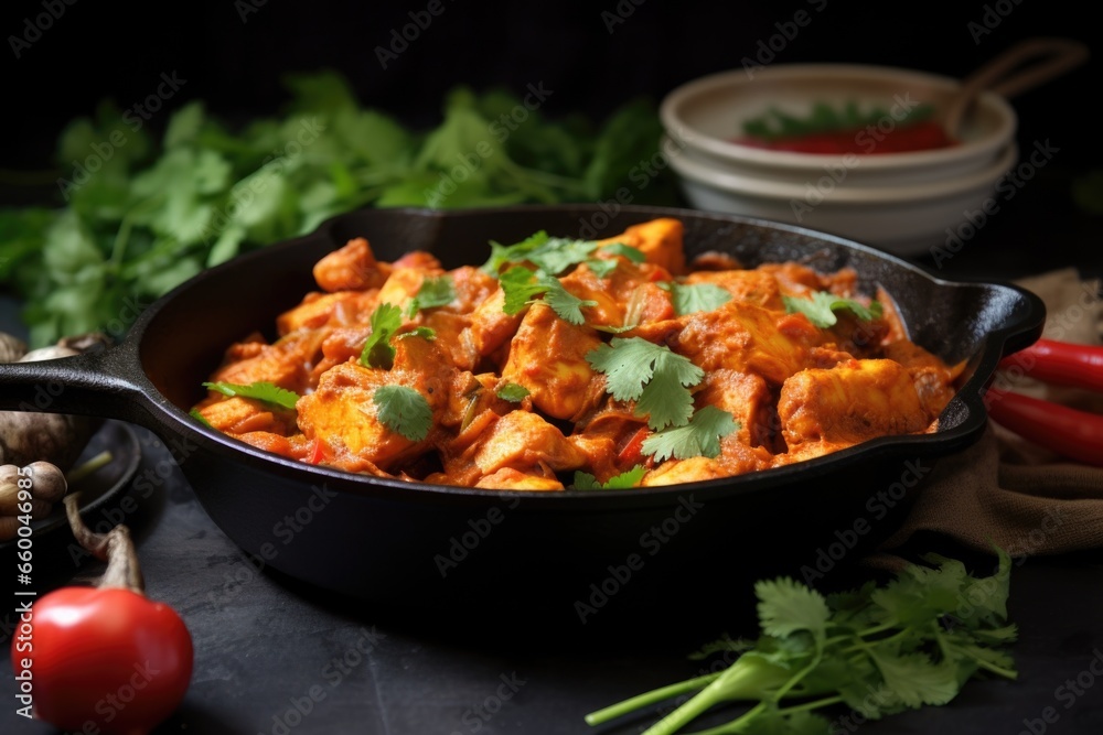 close-up of chicken tikka masala served in an iron skillet