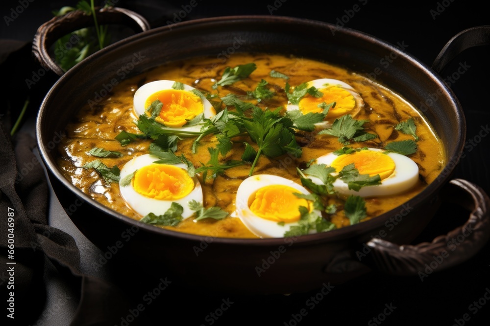 bengali egg curry in a black bronze bowl