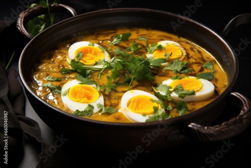 bengali egg curry in a black bronze bowl