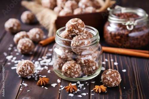 pile of nut balls in glass jar on wooden table