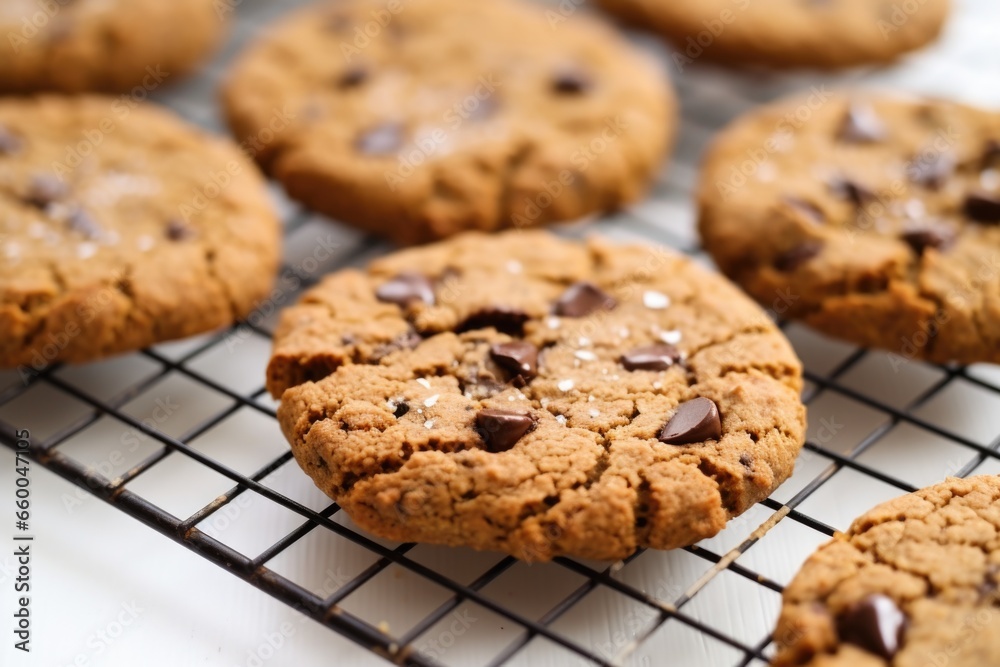 close-up of chocolate chip cookies on a cooling rack