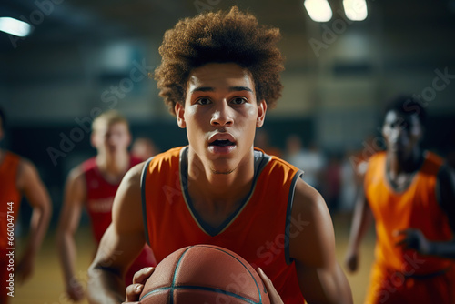 Young teenage basketball player with the ball in his hands as he shoots for the basket. Team play, competition.