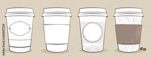 Illustrations de gobelets de café en carton, dessin composé de traits pour coloriage, étiquette pour le nom du client ou le logo de la société de torréfaction, vente à emporter de boissons chaudes