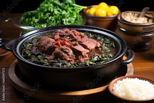 feijoada served in a traditional black iron pot