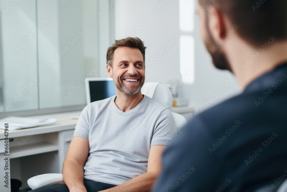 Smiling european man with a mustache at a doctor's consultation in a hospital in support of men's health and movember global community Smiling european man with a mustache at a doctor's consultation in a hospital in support of men's health and movember global community