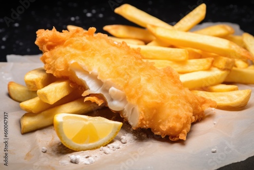close-up of fish and chips with broken crisp batter