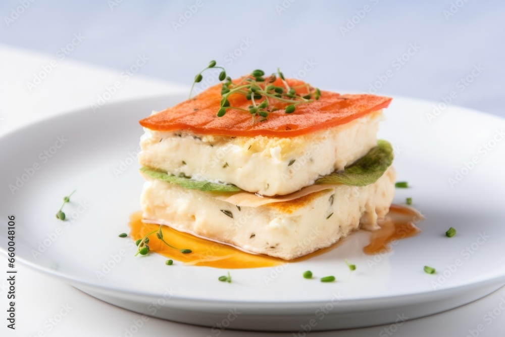 squared sandwich of fish fillet on white dish squared sandwich of fish fillet on white dish
