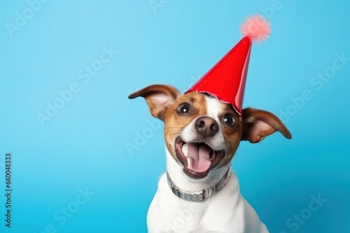 dog with party hat on blue background © Anatolii