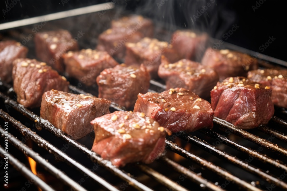 sizzling steak tips with garlic glaze bubbles on grill surface