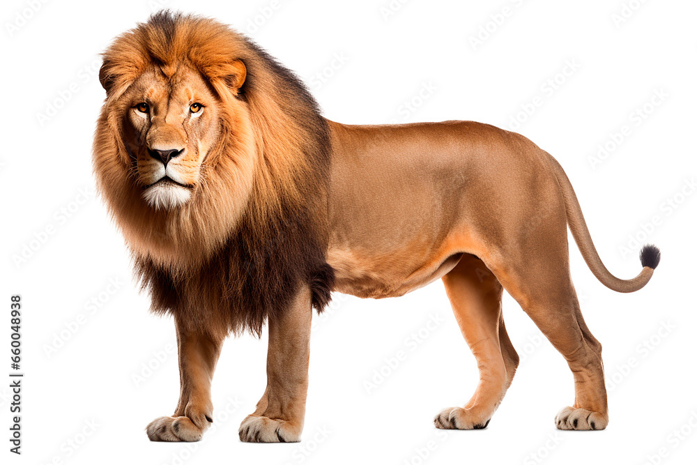 Lion isolated on a transparent background. Animal left side view portrait.	