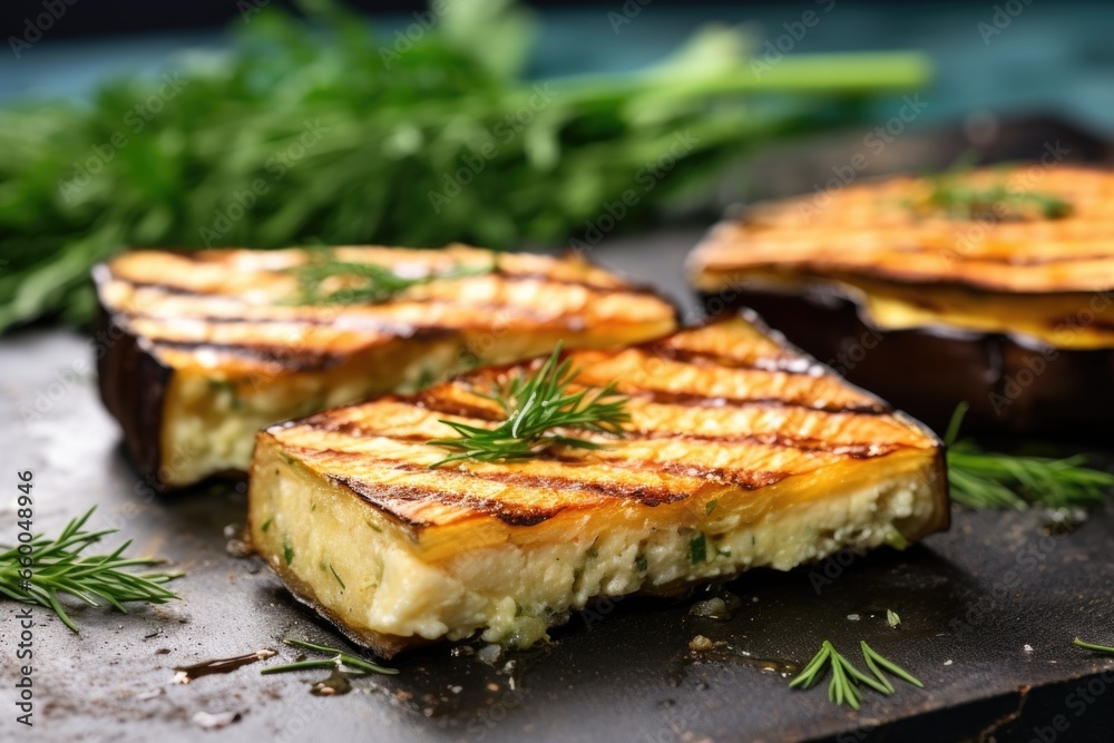 closeup of a grilled eggplant slice on a stone board