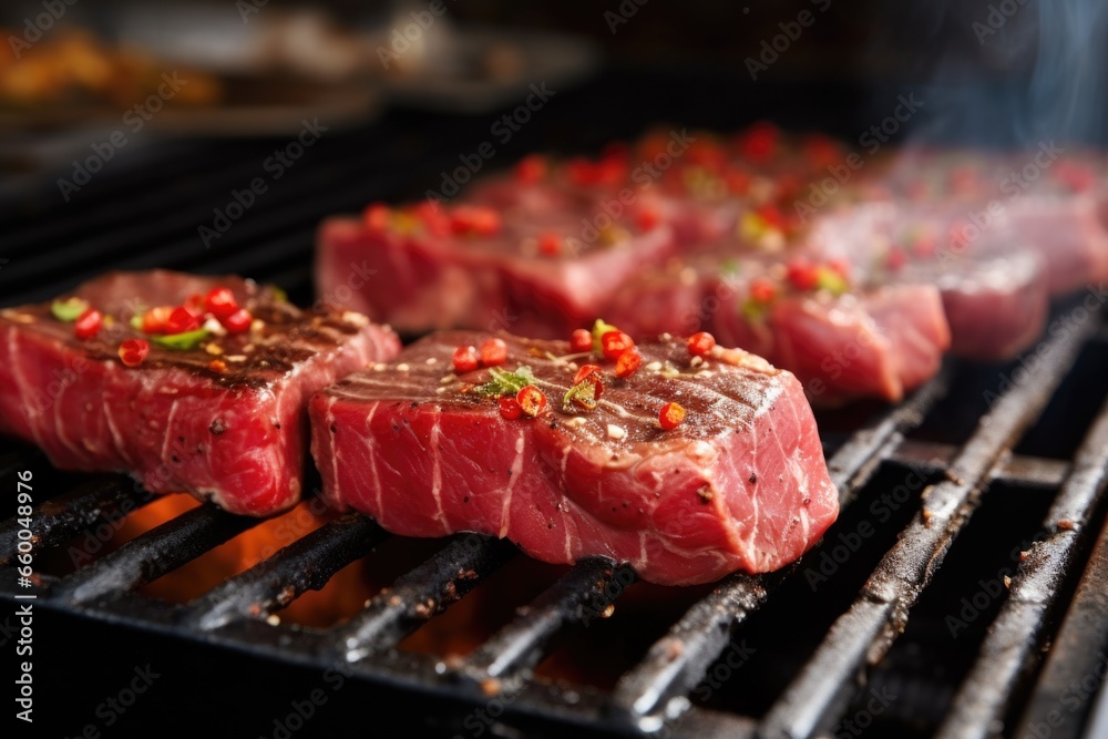 raw steak with marinade on a hot grill raw steak with marinade on a hot grill