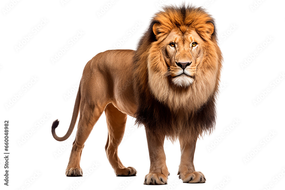 Lion isolated on a transparent background. Animal front view portrait.	
