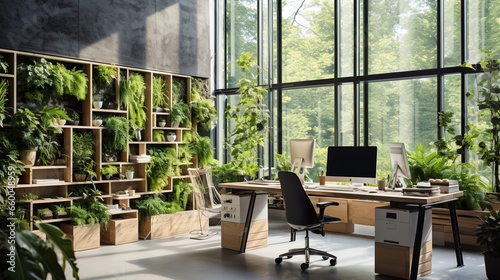 Office interior with eco interior decoration Home interior with decor plants decoration interior design of work space