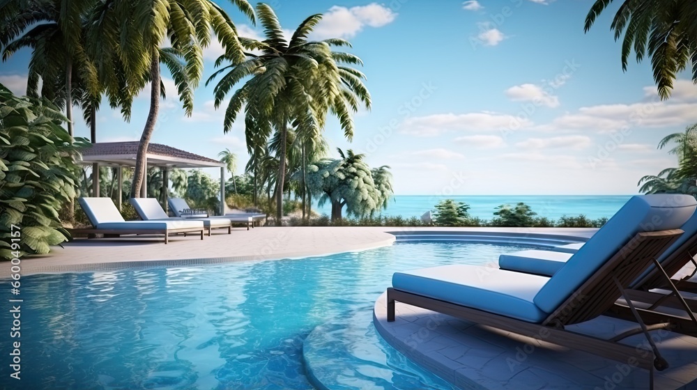Luxurious resort pool with palm trees and blue water Luxurious resort pool with palm trees and blue water