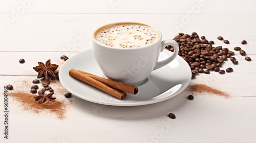 Hot coffee cup and ingredients on white background