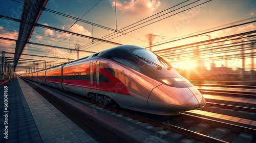 Fast train moving at sunset...