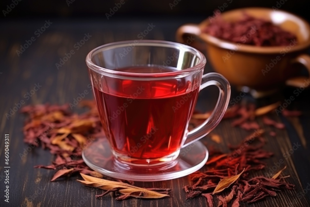 red rooibos tea in transparent cup, dried leaves beside red rooibos tea in transparent cup, dried leaves beside
