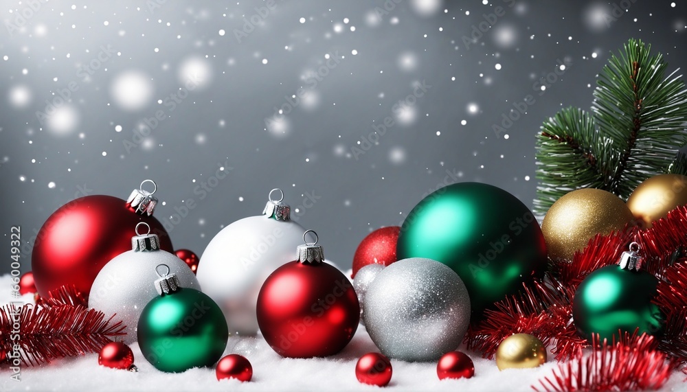 Festive Christmas Scene with Snowy Background and Holiday Ornaments - 3D Illustration Festive Christmas Scene with Snowy Background and Holiday Ornaments - 3D Illustration