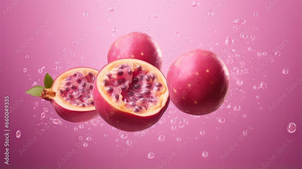 Fresh passion fruit falling in zero gravity isolated on pink background high resolution Fresh passion fruit falling in zero gravity isolated on pink background high resolution