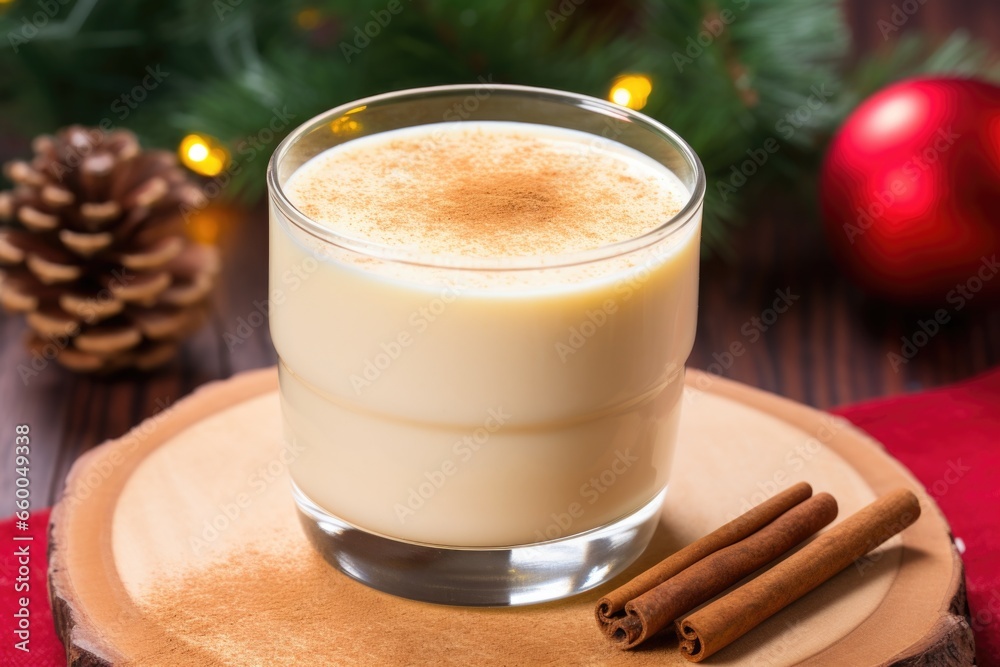 eggnog in a clear glass with cinnamon stick eggnog in a clear glass with cinnamon stick