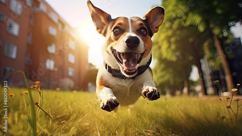 Jack Russell terrier being active and joyful playing in a park photo