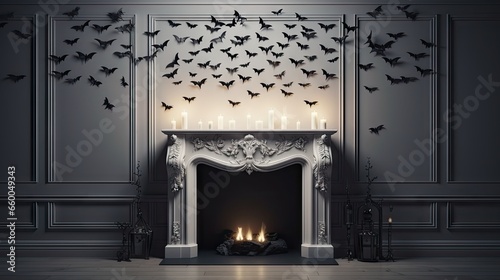 Halloween themed white fireplace with cage bats and spiders Modern decor 3d rendering