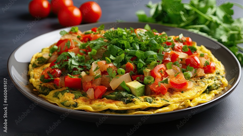 Healthy homemade food Vegan chickpea omelet with bell peppers tomatoes cucumbers lettuce and parsley on a light gray textured background Healthy homemade food Vegan chickpea omelet with bell peppers tomatoes cucumbers lettuce and parsley on a light gray textured background
