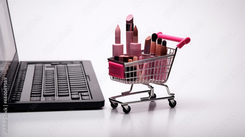 Makeup items and electronic devices in a shopping cart against a white background representing online cosmetics shopping