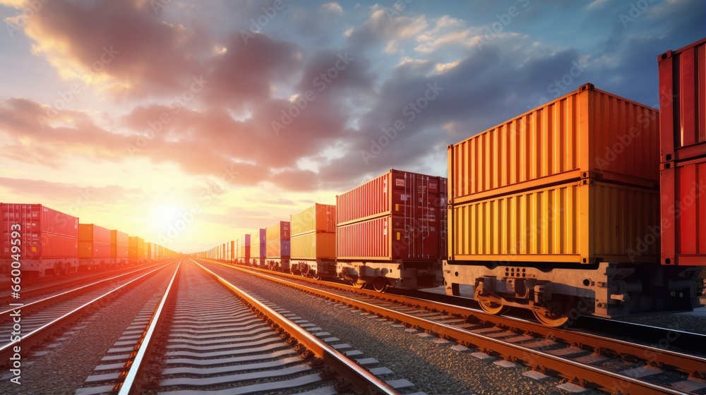 Intermodal containers transported on train car for rail freight shipping logistics facilitating import export of goods from China - obrazy, fototapety, plakaty 