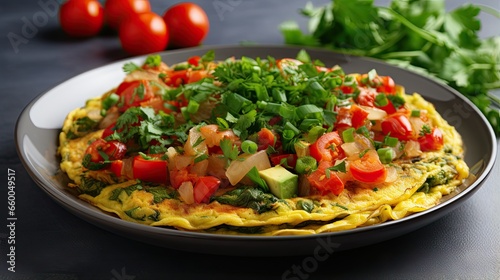 Healthy homemade food Vegan chickpea omelet with bell peppers tomatoes cucumbers lettuce and parsley on a light gray textured background