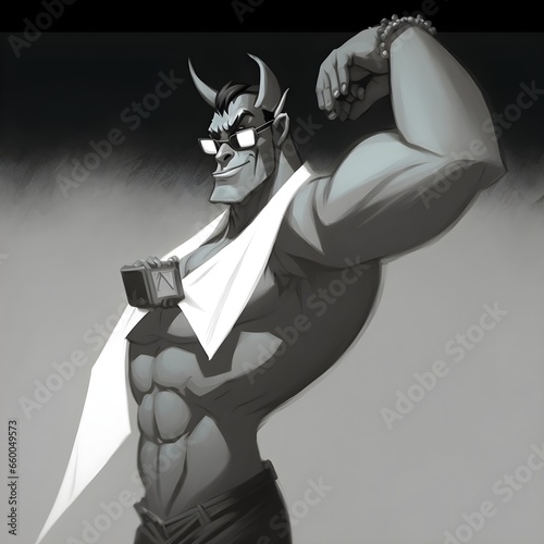 simple greyscale illustration painterly game promo gargoyle character design wearing sunglasses male beachthemed outfit 2d character sheet  photo