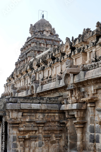 Hindu temple tower. Ancient Airavatesvara Temple in Darasuram, Kumbakonam, Tamilnadu.