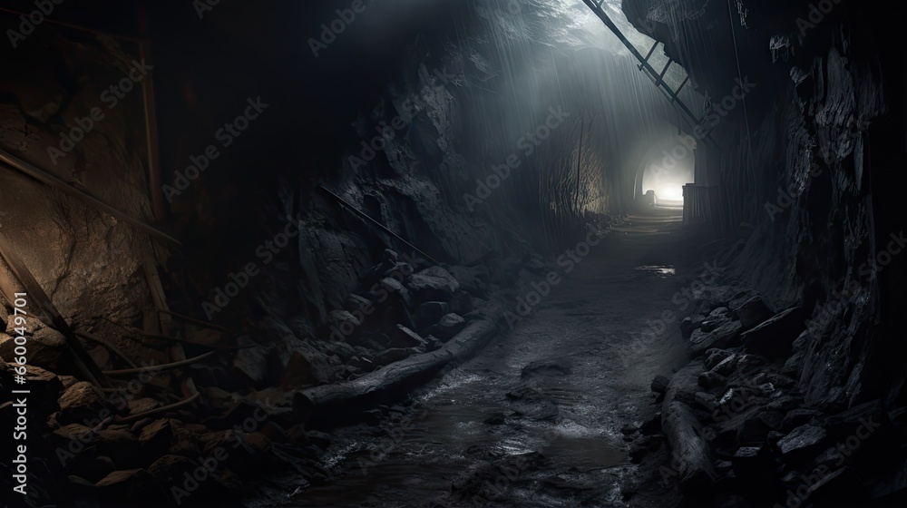 Illustrated digital painting of fog in a mine shaft