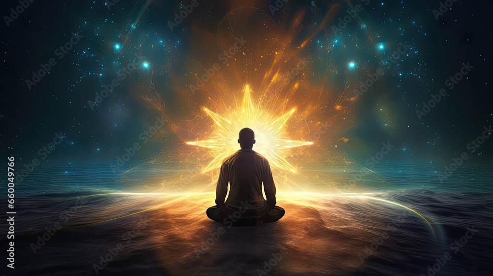 Man meditating in bright cosmic light experiencing spiritual enlightenment mental healing and increased self awareness