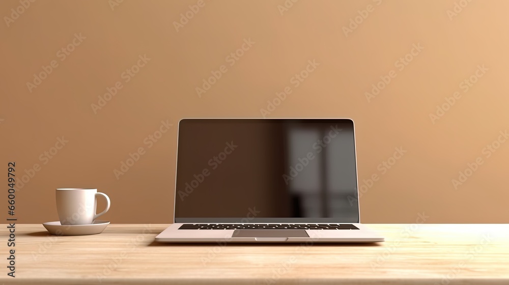 Fototapeta premium Laptop with blank screen on table workspace laptop showing blank screen background
