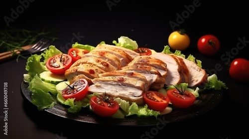Healthy food concept with chicken turkey fillet and salad Keto diet