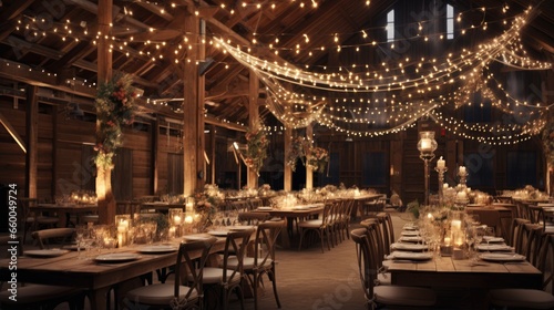 Indoor rustic wedding with charming string lighting in an elegant barn to celebrate love and marriage