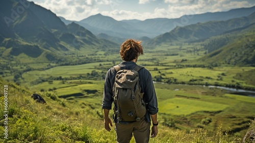 Young man trekking across hills of greenery,.