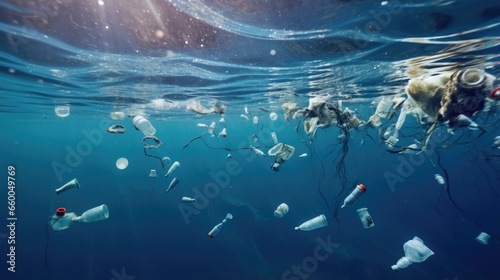 High plastic pollution in the Mediterranean Sea Seafloor covered with plastic waste including bottles bags and debris © vxnaghiyev