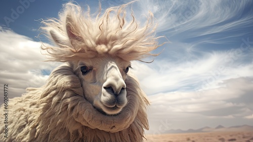 Humorous South American camelid on a gusty day photo