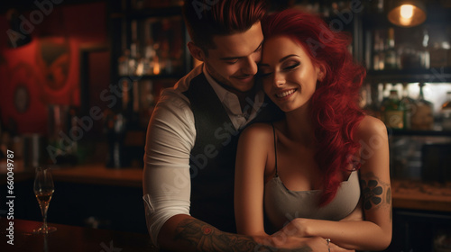 Beautiful young couple in love hugging and smiling while sitting at the bar counter © Natalie Dmay