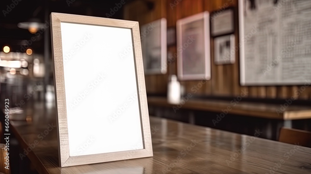 Menu Mock up blank for text marketing promotion. Mock up Menu frame standing on wood table in restaurant space for text. Menu Mock up blank for text marketing promotion. Mock up Menu frame standing on wood table in restaurant space for text.